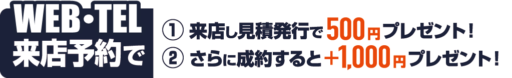 WEB来店予約で「①来店し見積発行で500円プレゼント！」「②さらに成約すると＋1000円プレゼント！」